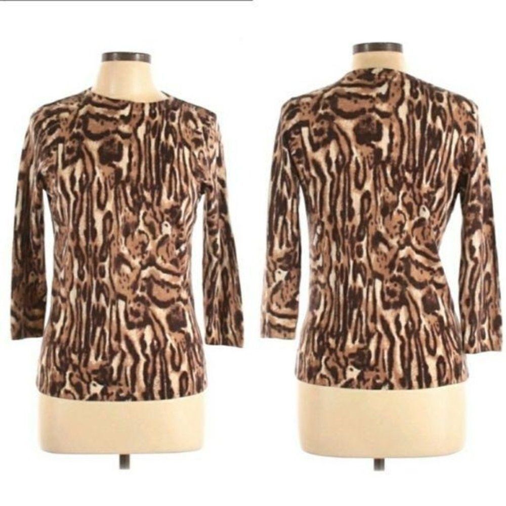 Talbots Sweater 100% Pure Merino Wool Leopard Animal‎ Print Crew Neck Brown L